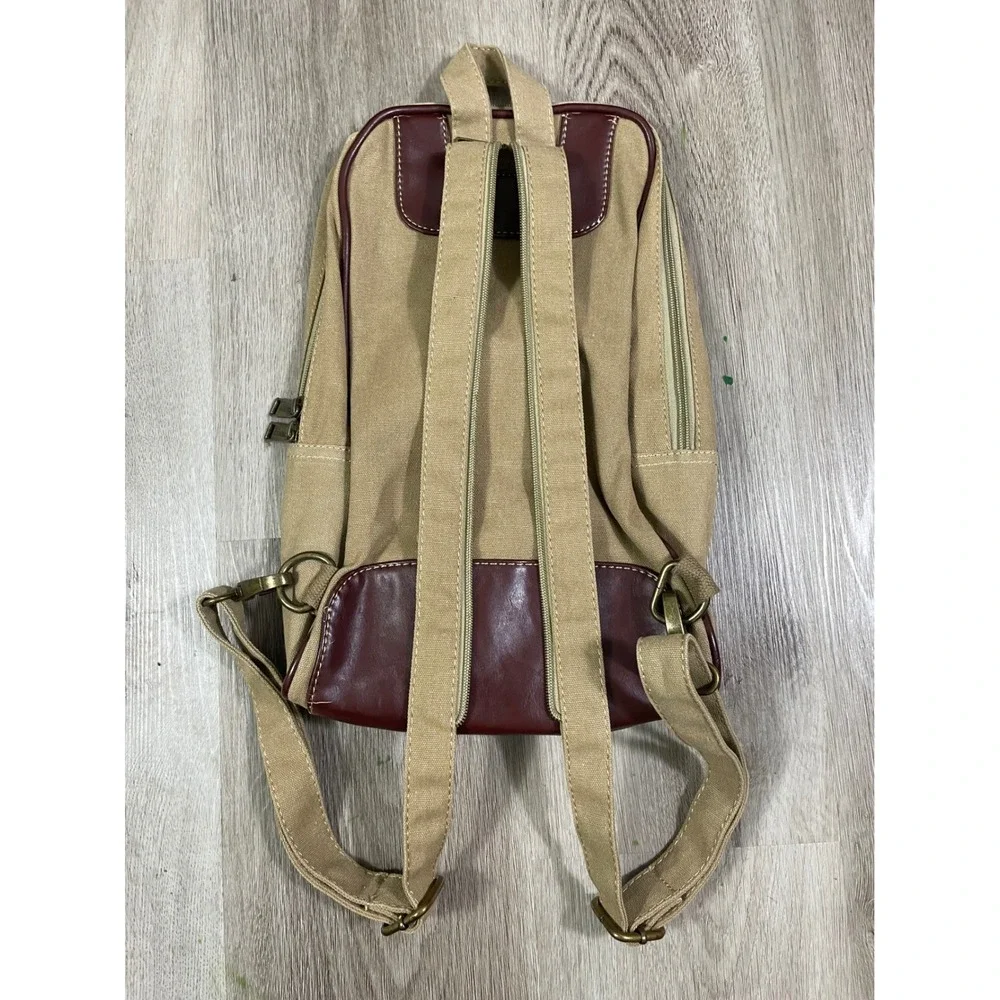 Eurosport Canvas‎ Sling Backpack Tan Brown Faux Leather Zip Vintage Travel